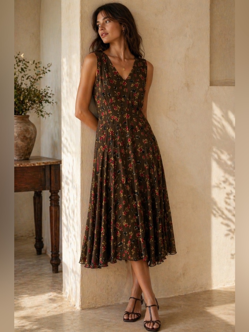 Vintage Jones New York 100% Silk Floral Midi Dress Brown Red Sz 10